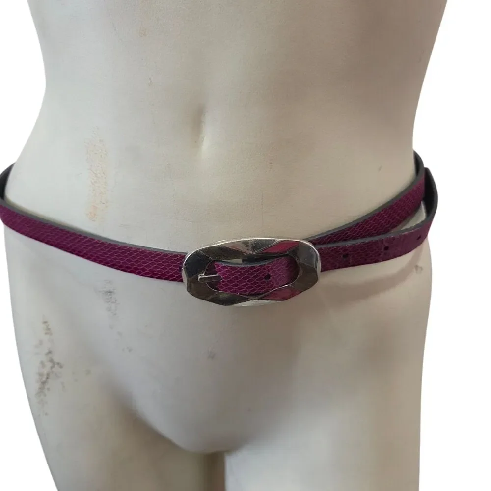 Women's Magenta Snakeskin‎ Embossed Skinny Belt Silver Buckle Adjustable